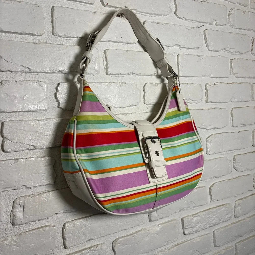 Vintage Coach Hamptons Multi-Stripe Hobo Shoulder Bag 10702 Y2K White Silver